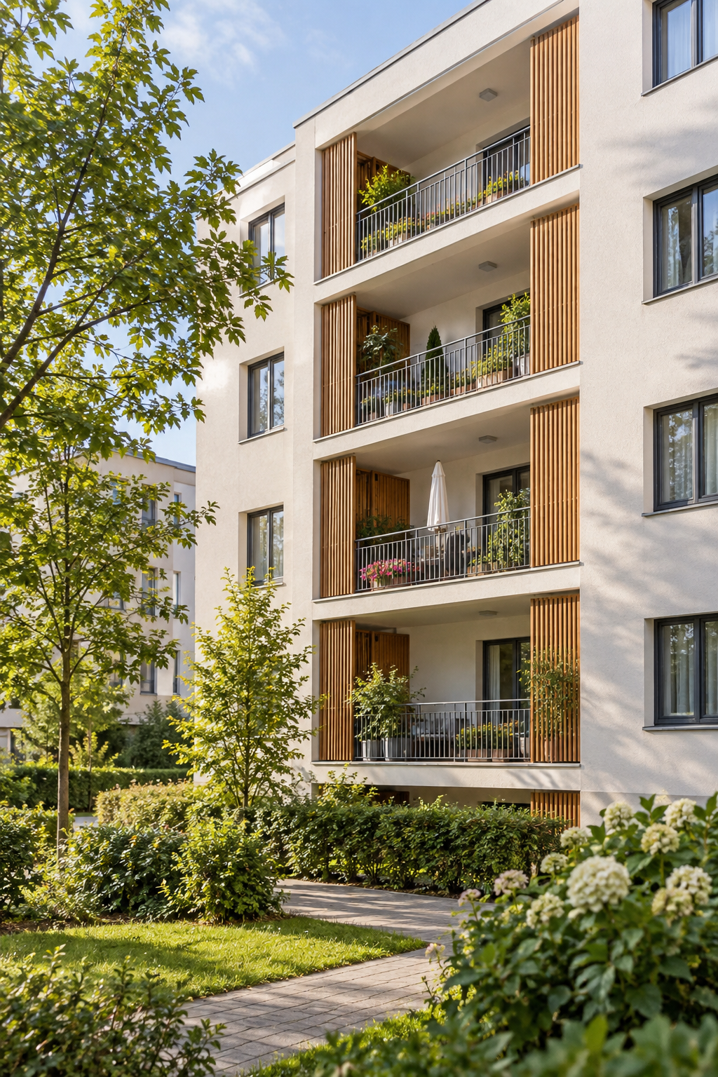Wohnanlage mit vielen Fenstern, Balkonen und mehreren Wohnungseinheiten